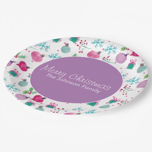 Weihnachten in Aquarellfarbe Handgemalte Muster Pappteller (Schrägansicht)