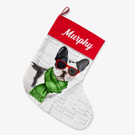 Weihnachten in Boston Terrier mit Hundenname Großer Weihnachtsstrumpf (Vorderansicht (hängend))