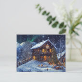 Weihnachten in den Bergen. Almhütte mit Polarlicht Postkarte (Stehend Vorderseite)