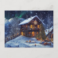 Weihnachten in den Bergen. Almhütte mit Polarlicht