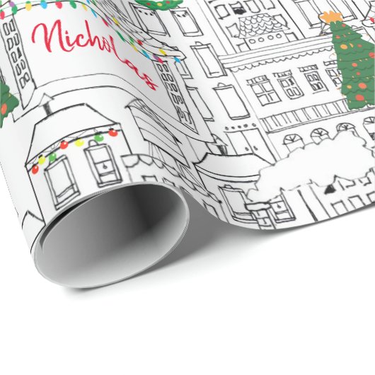 Weihnachten in der Stadt Hand Gezeichnet Personali Geschenkpapier (Rolleneckpunkt)