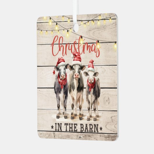 Weihnachten in der Stallkühe mit Weihnachtsmannmüt Ornament Aus Metall (Vorderseite links)