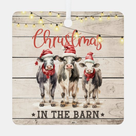 Weihnachten in der Stallkühe mit Weihnachtsmannmüt Ornament Aus Metall (Rückseite)
