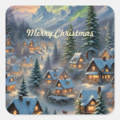 Weihnachten in einem Bergdorf, Polarlichter Quadratischer Aufkleber (Vorderseite)