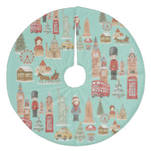 Weihnachten in London & New York Grün Fleece Weihnachtsbaumdecke