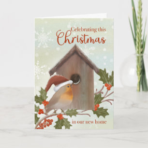 Weihnachten in neuem Zuhause Vogel und Vogelhaus Karte