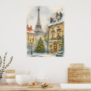 Weihnachten in Paris Aquarell Szene Eiffelturm Poster