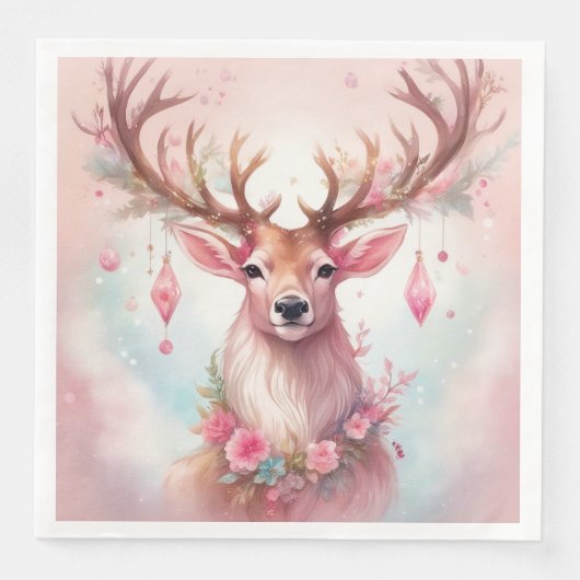 Weihnachten in pink: Rentier mit rosa Weihnachtssc Serviette (Vorderseite)
