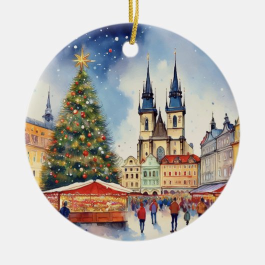 Weihnachten in Prag Tschechien Wasserfarbe Keramik Ornament (Vorne)