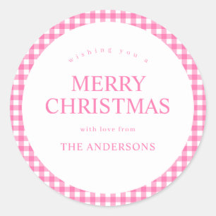 Weihnachten in Rosa Gingham Runder Aufkleber