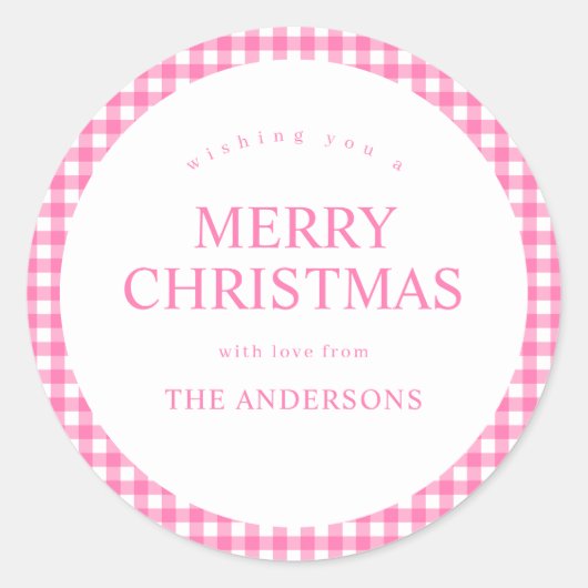 Weihnachten in Rosa Gingham Runder Aufkleber (Vorderseite)