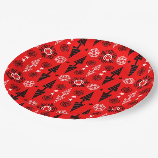 Weihnachten in Rot und Schwarz Pappteller (Schrägansicht)