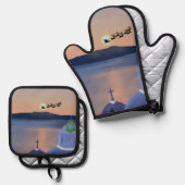 Weihnachten in Santorin, Griechenland mit Santa Ofenhandschuh & Topflappen-Set (Vorderseite/Rückseite)