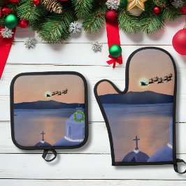 Weihnachten in Santorin, Griechenland mit Santa Ofenhandschuh & Topflappen-Set