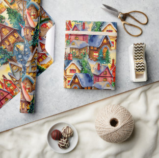 Weihnachten in Whimsical Village Wasserfarbmuster Geschenkpapier