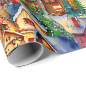 Weihnachten in Whimsical Village Wasserfarbmuster Geschenkpapier (Rolleneckpunkt)