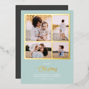 Weihnachten ist Gold   Minze Moderne 4-Foto-Ferien Folieneinladung