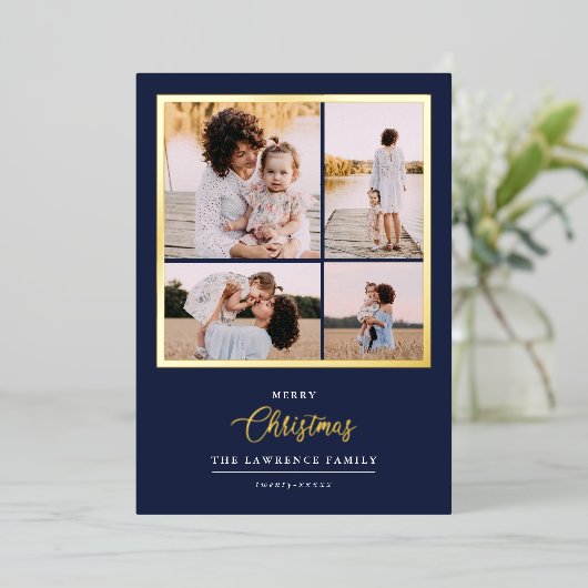 Weihnachten ist Gold | Minze Moderne 4-Foto-Ferien Folieneinladung (Stehend vorne)