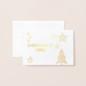 Weihnachten ist hier, Pinguin, Baum und Sterne nie Folienkarte (Vorderseite mit Umschlag)