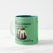 "Weihnachten ist kurz, also gönne dir das Pudding! Zweifarbige Tasse (Vorderseite Links)