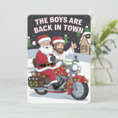 Weihnachten Jesus auf einem Motorrad Funny Xmas Einladung (Stehend Vorderseite)