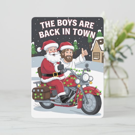 Weihnachten Jesus auf einem Motorrad Funny Xmas Einladung (Stehend Vorderseite)