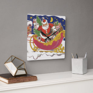 Weihnachten, Jolly Weihnachtsmann mit Schlitten Quadratische Wanduhr