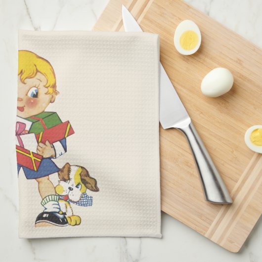 Weihnachten, Junge mit Geschenken und Welpenhund Geschirrtuch (Viertel Falte)