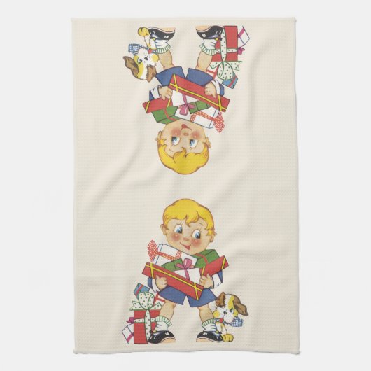 Weihnachten, Junge mit Geschenken und Welpenhund Geschirrtuch (Vertikal)