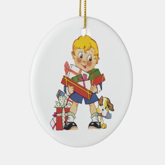 Weihnachten, Junge mit Geschenken und Welpenhund Keramik Ornament (Rechts)