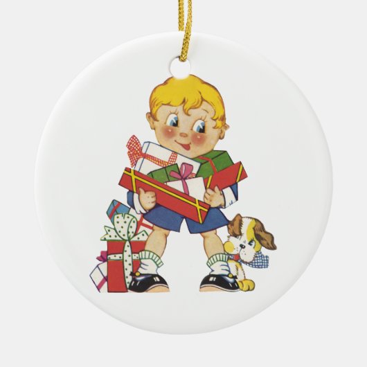 Weihnachten, Junge mit Geschenken und Welpenhund Keramik Ornament (Vorne)
