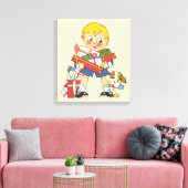 Weihnachten, Junge mit Geschenken und Welpenhund Leinwanddruck (Insitu (Wohnzimmer))