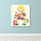 Weihnachten, Junge mit Geschenken und Welpenhund Leinwanddruck (Insitu (Holzboden))