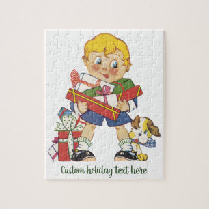 Weihnachten, Junge mit Geschenken und Welpenhund Puzzle