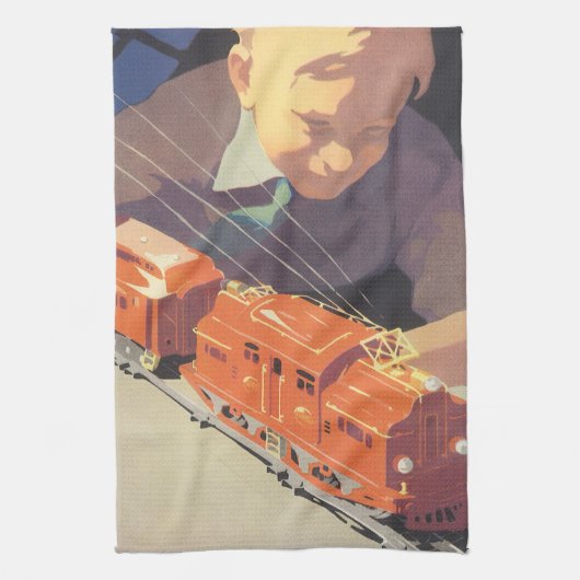 Weihnachten, Junge spielen mit Spielzeugbahnen Geschirrtuch (Vertikal)