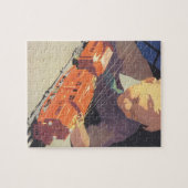 Weihnachten, Junge spielen mit Spielzeugbahnen Puzzle (Horizontal)