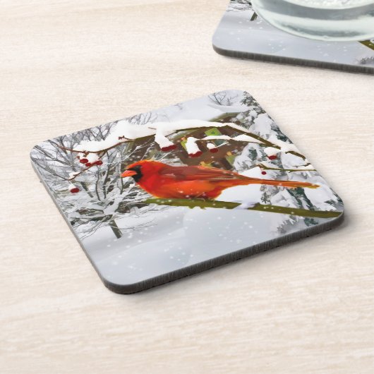 Weihnachten, Kardinals-Vogel, Schnee, Getränkeuntersetzer (Linke Seite)