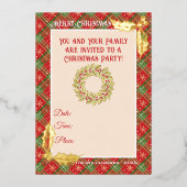 Weihnachten Kariert in Rot-, Grün- und Gold-Stars Folieneinladung (Vorderseite)