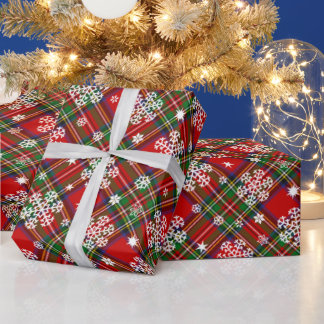 Weihnachten Kariert mit Schneeflocken und Sternen Geschenkpapier