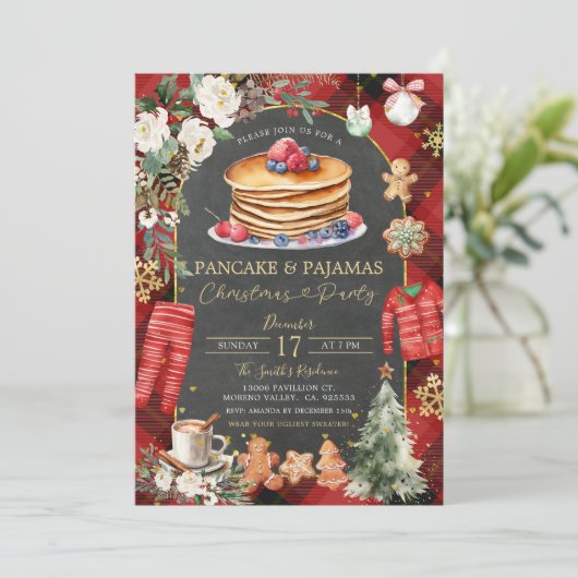 Weihnachten Kariert Pancake Pajamas Blumenweihnach Einladung (Stehend Vorderseite)