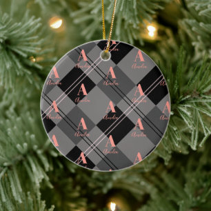 Weihnachten Kariert Personalisiert Grau Pink Keramik Ornament