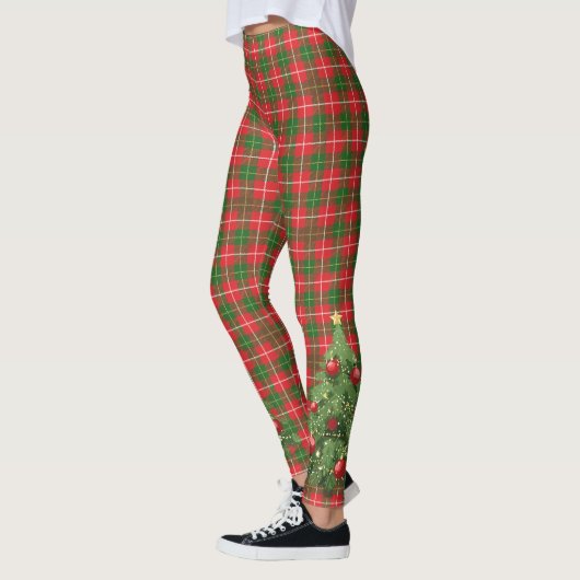 Weihnachten Kariert Rot, Grün, Weiß mit Baum Leggings (Links)