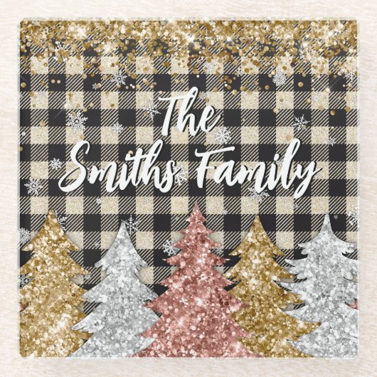 Weihnachten Kariert und Glitzer Familienname Glasuntersetzer (Vorderseite)