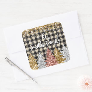 Weihnachten Kariert und Glitzer Familienname Quadratischer Aufkleber