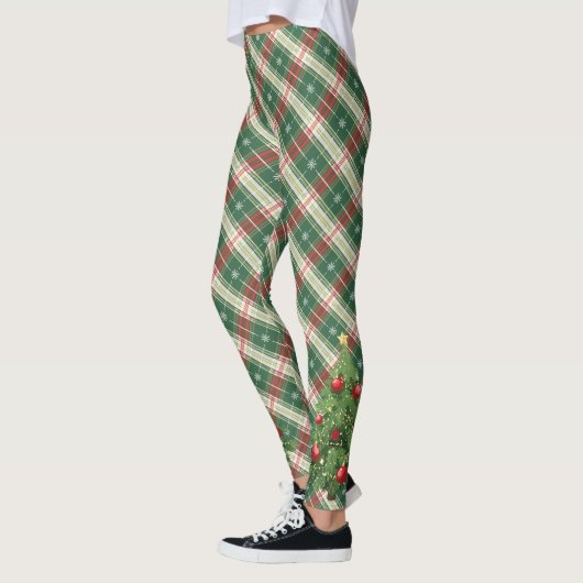 Weihnachten Kariert Weiß, Grün mit Baum Leggings (Links)
