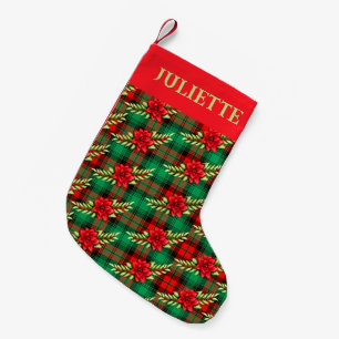 Weihnachten Karierte Poinsettias und Blätter Kleiner Weihnachtsstrumpf