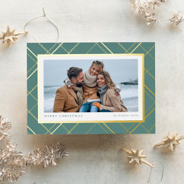 Weihnachten karierte Salbei-Gold-Ein-Foto-Familie Folien Feiertagskarte