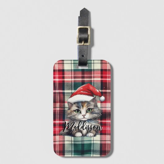 Weihnachten Karierte Weihnachtskatze mit Namen Gepäckanhänger (Vorderseite Vertikal)