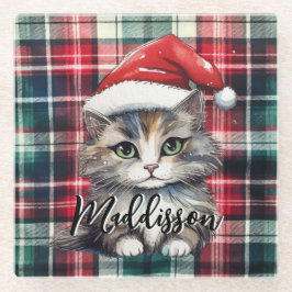 Weihnachten Karierte Weihnachtskatze mit Namen Glasuntersetzer
