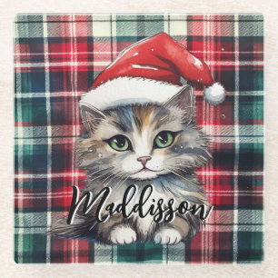 Weihnachten Karierte Weihnachtskatze mit Namen Glasuntersetzer